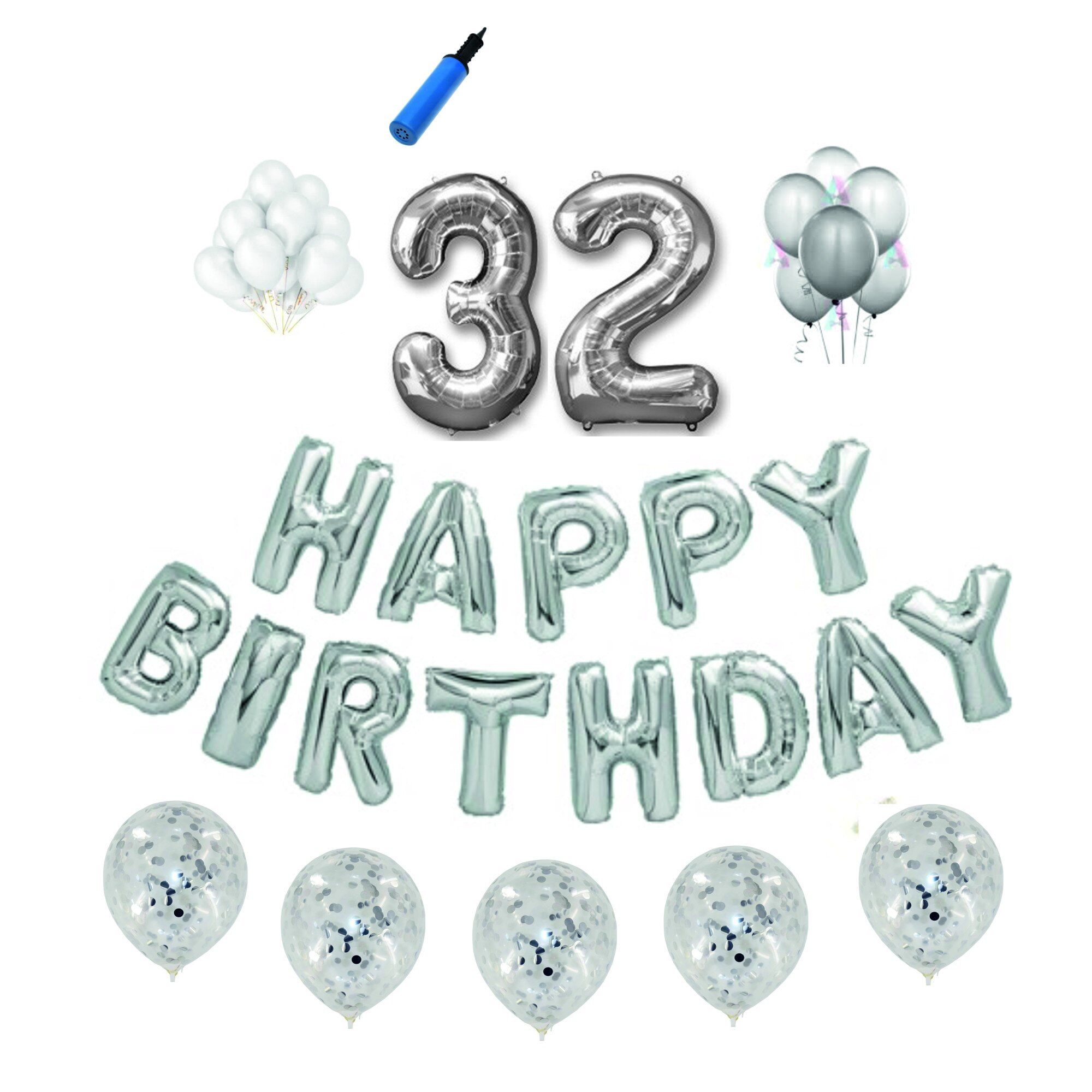 Set baloane Happy Birthday , pentru 32 ani, cifra 1 metru,Argintiu