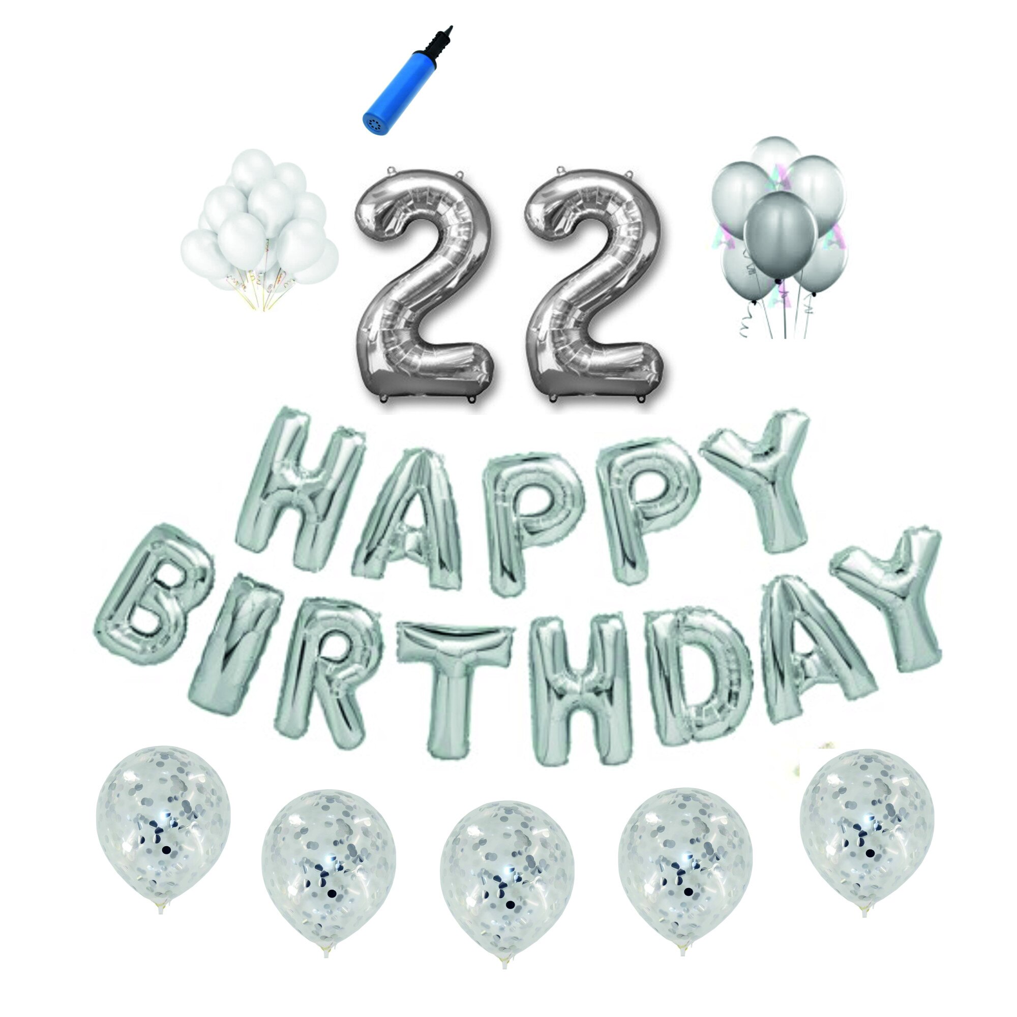 Set baloane Happy Birthday , pentru 22 ani, cifra 1 metru, Argintiu