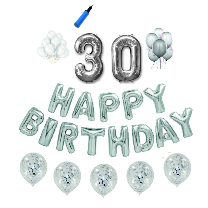 Set baloane Happy Birthday , pentru 30 ani, cifra 1 metru,Argintiu