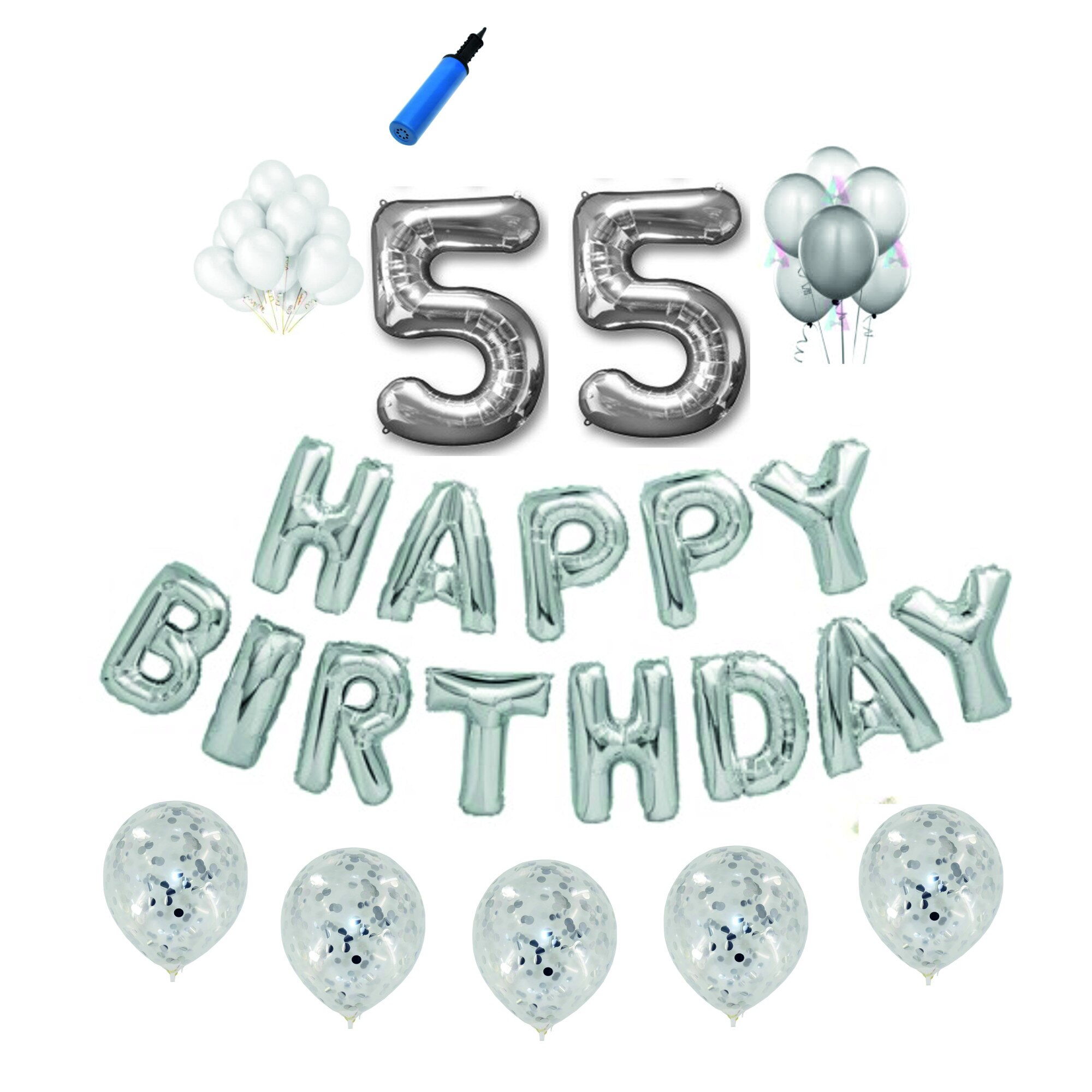 Set baloane Happy Birthday , pentru 55 ani, cifra 1 metru, Argintiu