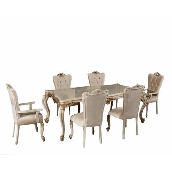 Set masa cu 6 scaune, Lux, lemn masiv, stil clasic, alb cu detalii aurii, 210 cm lungime X 107 cm Set masa cu 6 scaune, Lux, lemn masiv, stil clasic, alb cu detalii aurii, 210 cm lungime X 107 cm