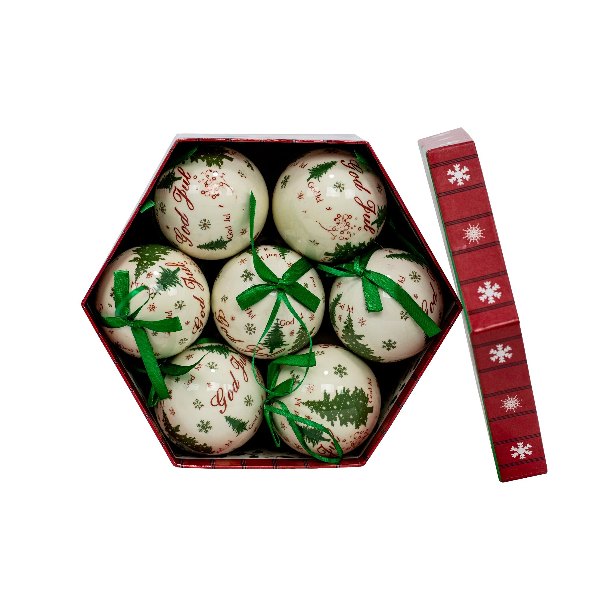 Set 14 globuri de craciun cu design brad in cutie de cadou, 7cm