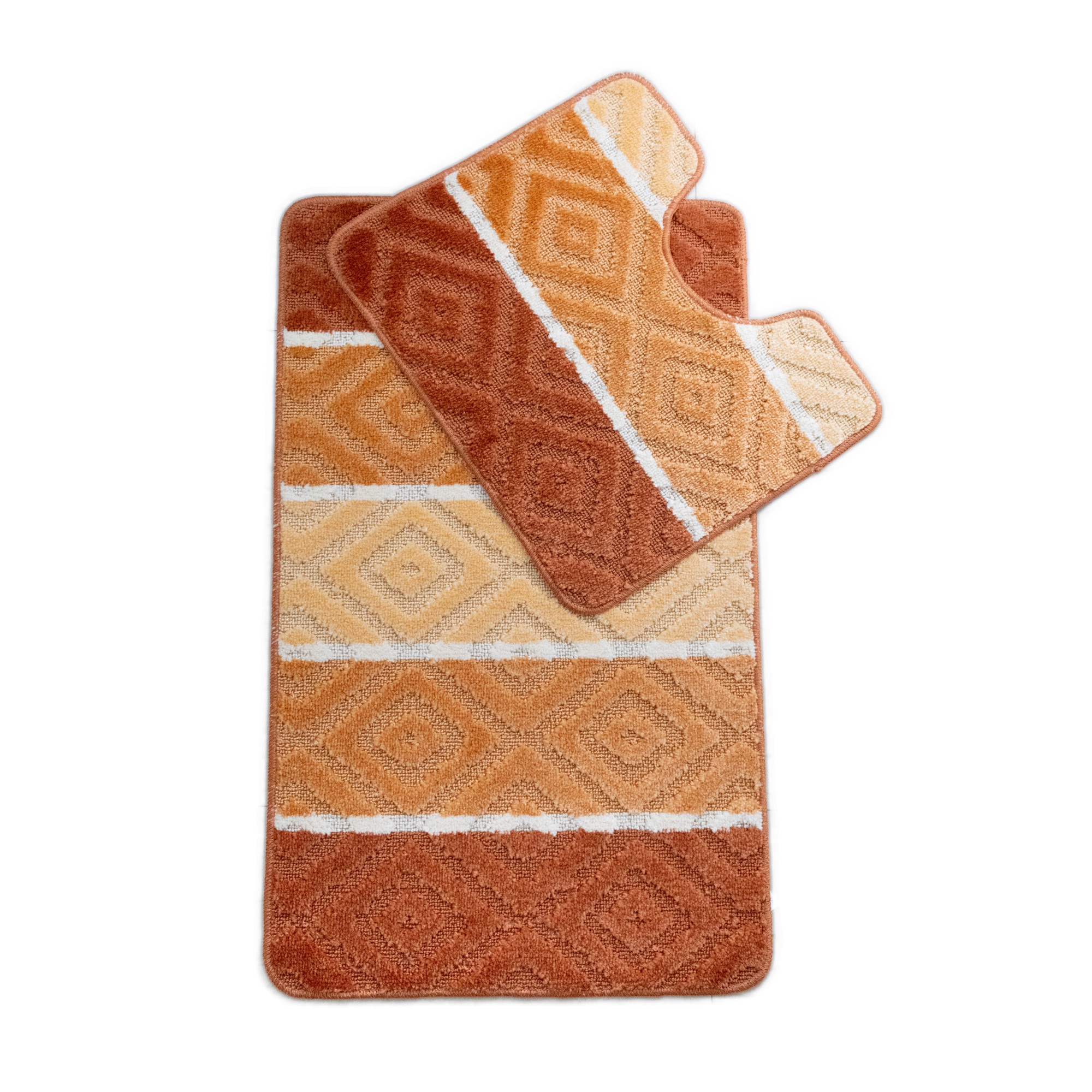 Set 2 covorase baie Basic Standard , 50x80cm/40x50cm, antiderapant, polipropilena, tip dungi, culoare maro teracota, model romburi, gramaj 800 g