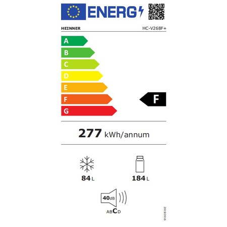 Combina frigorifica Heinner HC-V268F+, 268 l, Clasa F, Iluminare LED, Control mecanic, Termostat ajustabil, H 170 cm, Alb