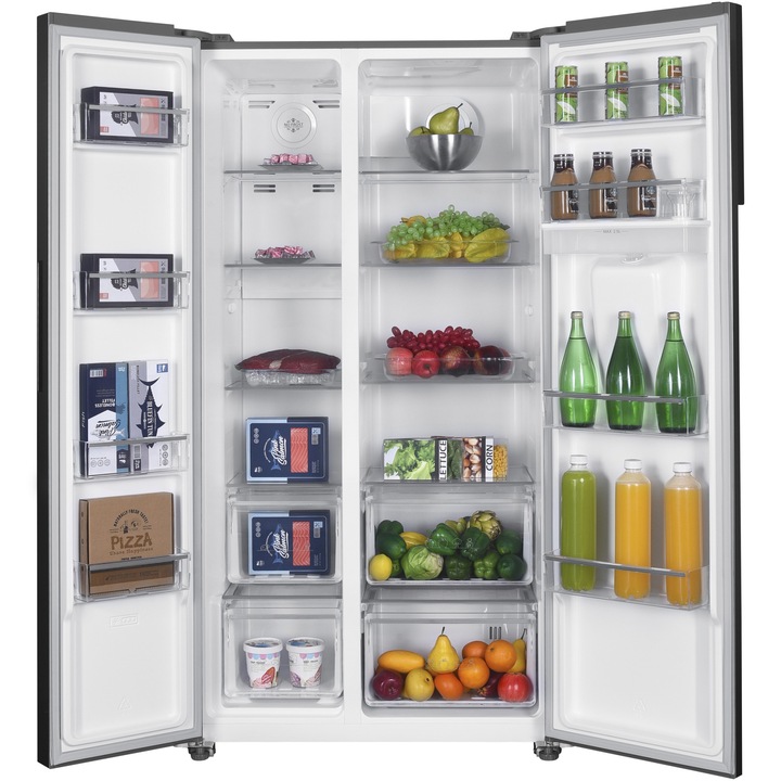 Side by side Heinner HSBS-HM529NFXWDE++, 529 l, Full No Frost, Clasa E, Compersor Dual Inverter, Display LED cu touch, Dozator apa, Iluminare LED, Blocare acces copii, H 177 cm, Inox