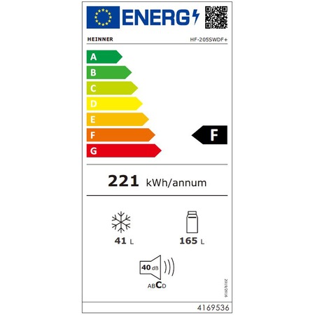 Frigider cu doua usi Heinner HF-205SWDF+, 205 l, Clasa F, Dozator de apa, Iluminare LED, H 143.4 cm, Argintiu