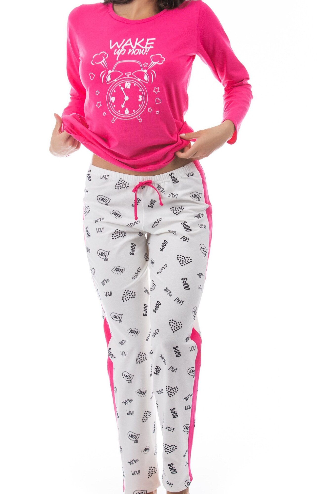 Pijama dama din bumbac, alb/roz, XL INTL