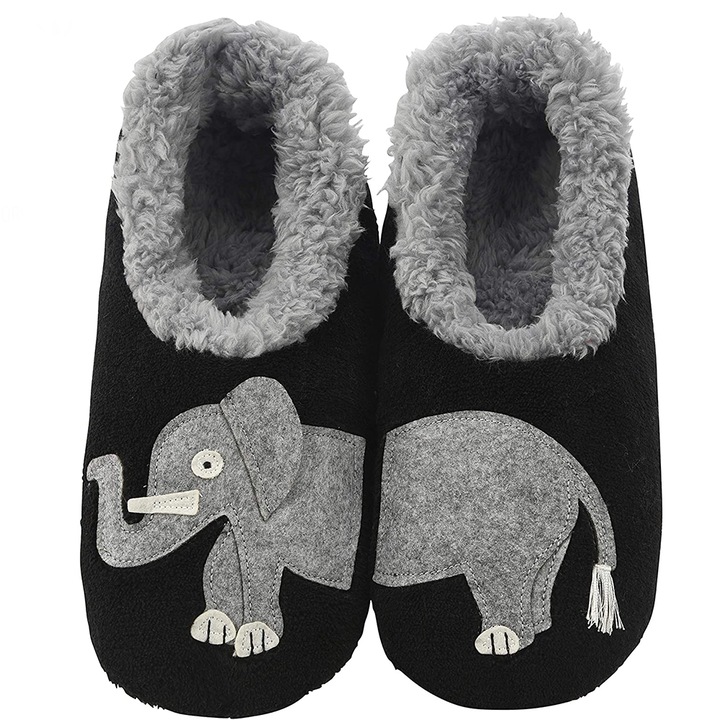 Papuci de casa pufosi Snoozies Elefant and Chilling, Negru