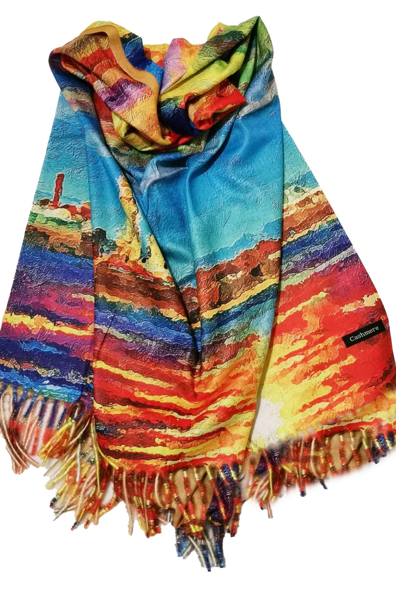 Esarfa casmir Apus de soare, imprimeu abstract, multicolora, toamna-iarna