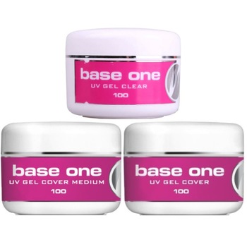 Kit 3 Geluri UV pentru unghii Base One 100 ML, Clear, Cover Medium, Cover, pentru manichiura unghii false Kit 3 Geluri UV pentru unghii Base One 100 ML, Clear, Cover Medium, Cover, pentru manichiura unghii false