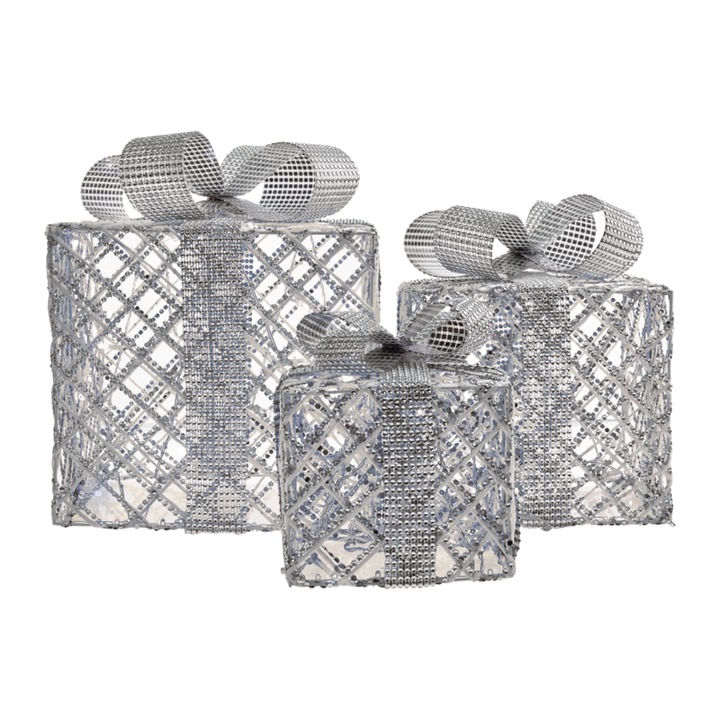 Set 3 bucati, Decoratiune Craciun, Cadouri, Gri, Emos ZY2235, LED 1,35W, Lumina Rece