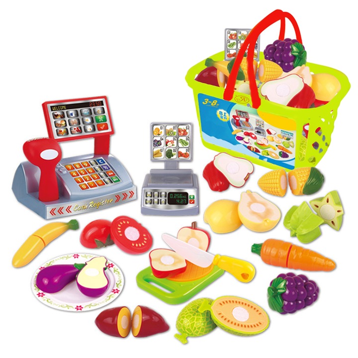 Set jucarii pentru copii cos cu fructe si legume de taiat, Super Market, 18 piese VG1011 RCO®
