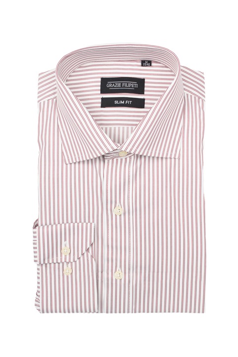 Camasa Slim Fit cu dungi fine bordeaux, Alb/Visiniu