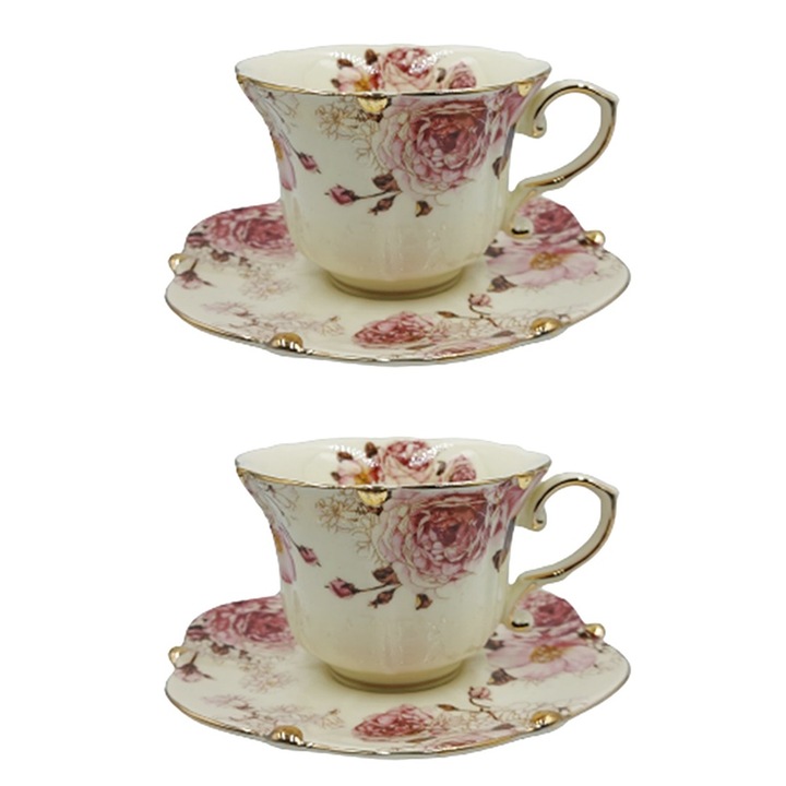 Set 2 cesti & 2 farfurii vintage Blossom, 180ml, Portelan, Multicolor