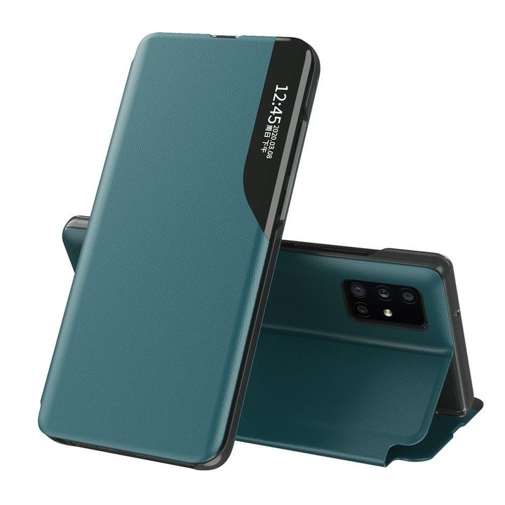 UIQ Fold Book Case за Samsung Galaxy M55, Еко кожа, Устойчивост на надраскване, Леко повдигнати ръбове, Достъп до портове, Функция стойка, Зелен