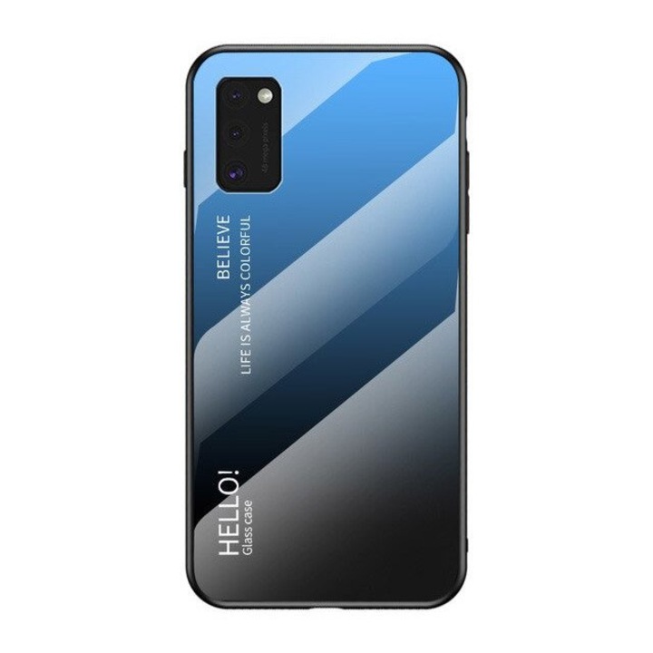 Husa Hurtel, Gradient Glass, Silicon, Sticla securizata, compatibil cu Samsung Galaxy A41, Negru/Albastru