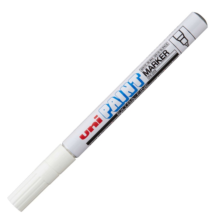 Marker vopsea UNI PX-203 0.8 mm, varf fin metalic, alb