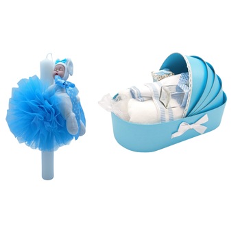 Set trusou si lumanare botez Dany Kids, bleu, in landou Set trusou si lumanare botez Dany Kids, bleu, in landou