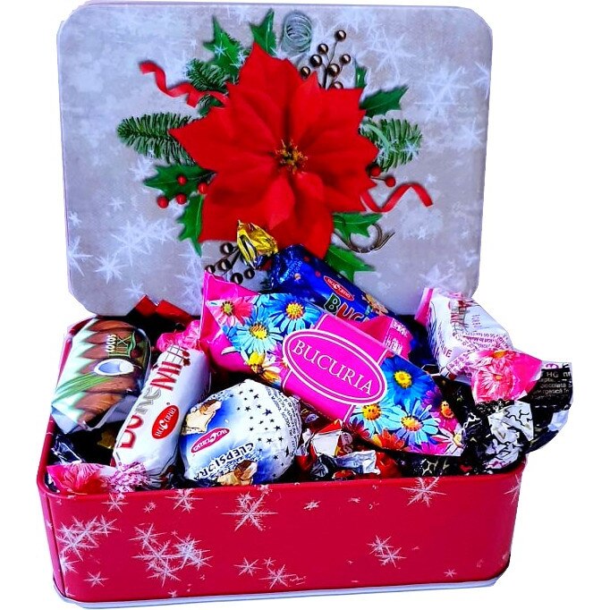 Cutie cadou metal, decor de iarna, cu mix de ciocolata Bucuria