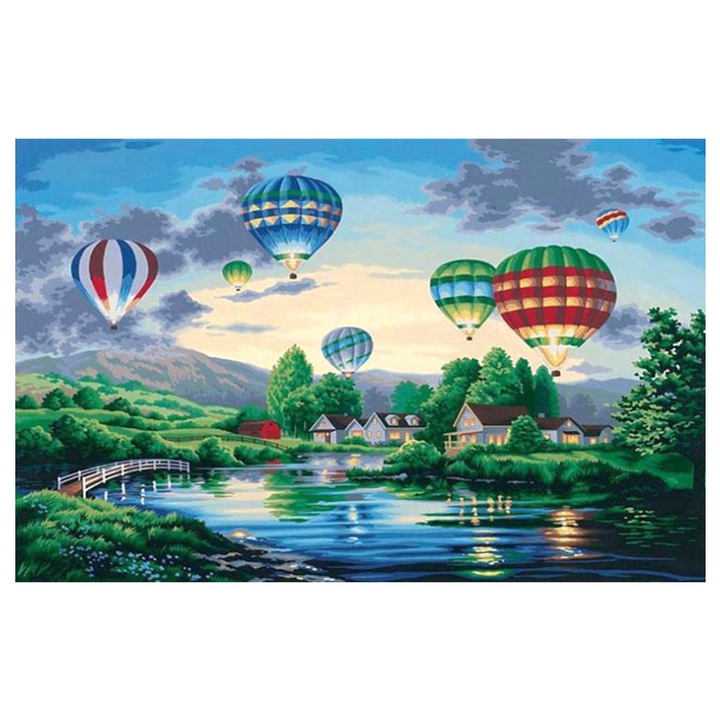 AMTMBS DIY 5D Kerek gyémánt hímzőkészlet, Hőlégballonos tájkép, 34,8 x 24,8 cm, Többszínű