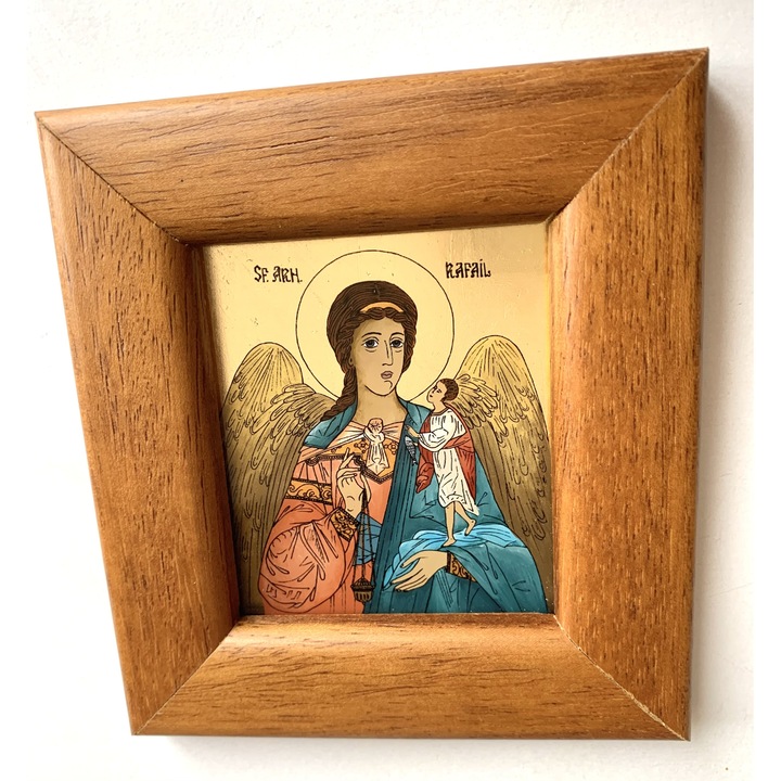 Icoana pictata manual pe sticla , Sfantul Arhanghel Rafail ,Sf Rafael, Pazitorul Cununiilor, 12x11 cm