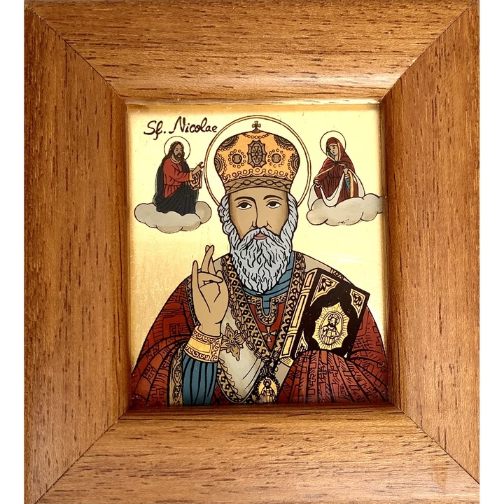 Icoana pictata manual pe sticla , Sfantul Nicolae, Sf Nicolae, 12x 11 cm