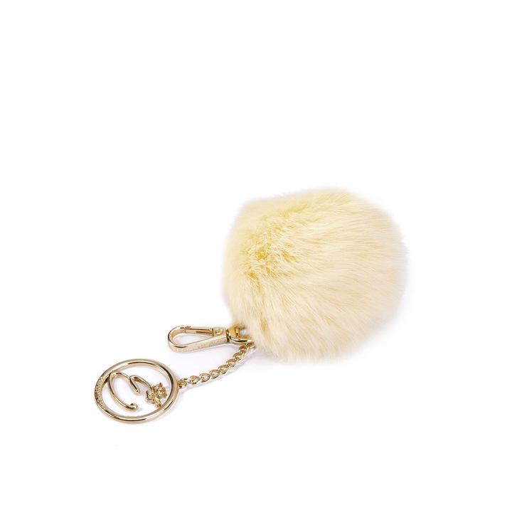 Breloc blana naturala de iepure luxury, Elizabeth Shine, ES4119 Galben/Alb, 8 cm