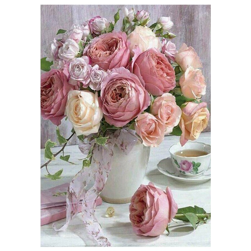 Kit broderie cu diamante rotunde, AMTMBS DIY 5D, Model vaza cu flori, 34.8 x 24.8 cm, Multicolor