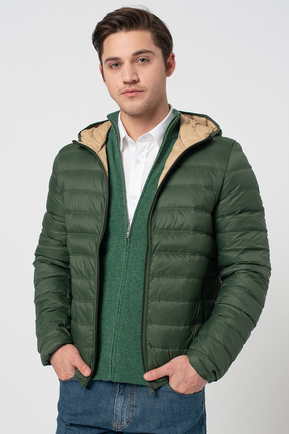 United Colors of Benetton, Geaca slim fit cu umplutura de puf, Verde