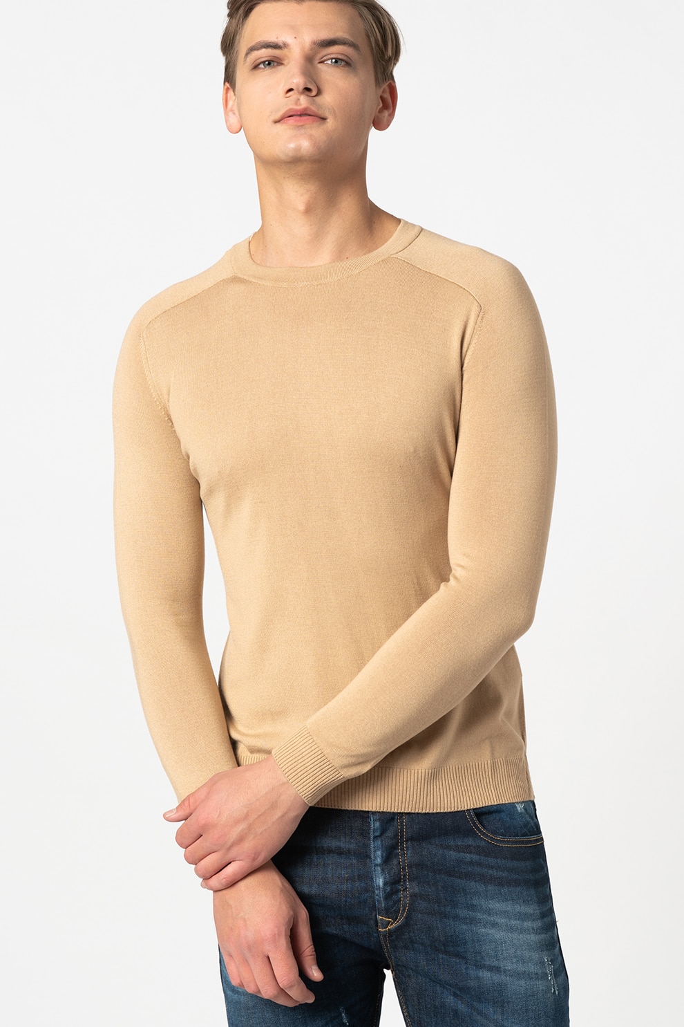 United Colors of Benetton, Pulover tricotat fin din amestec de lana, Bej, 2XL