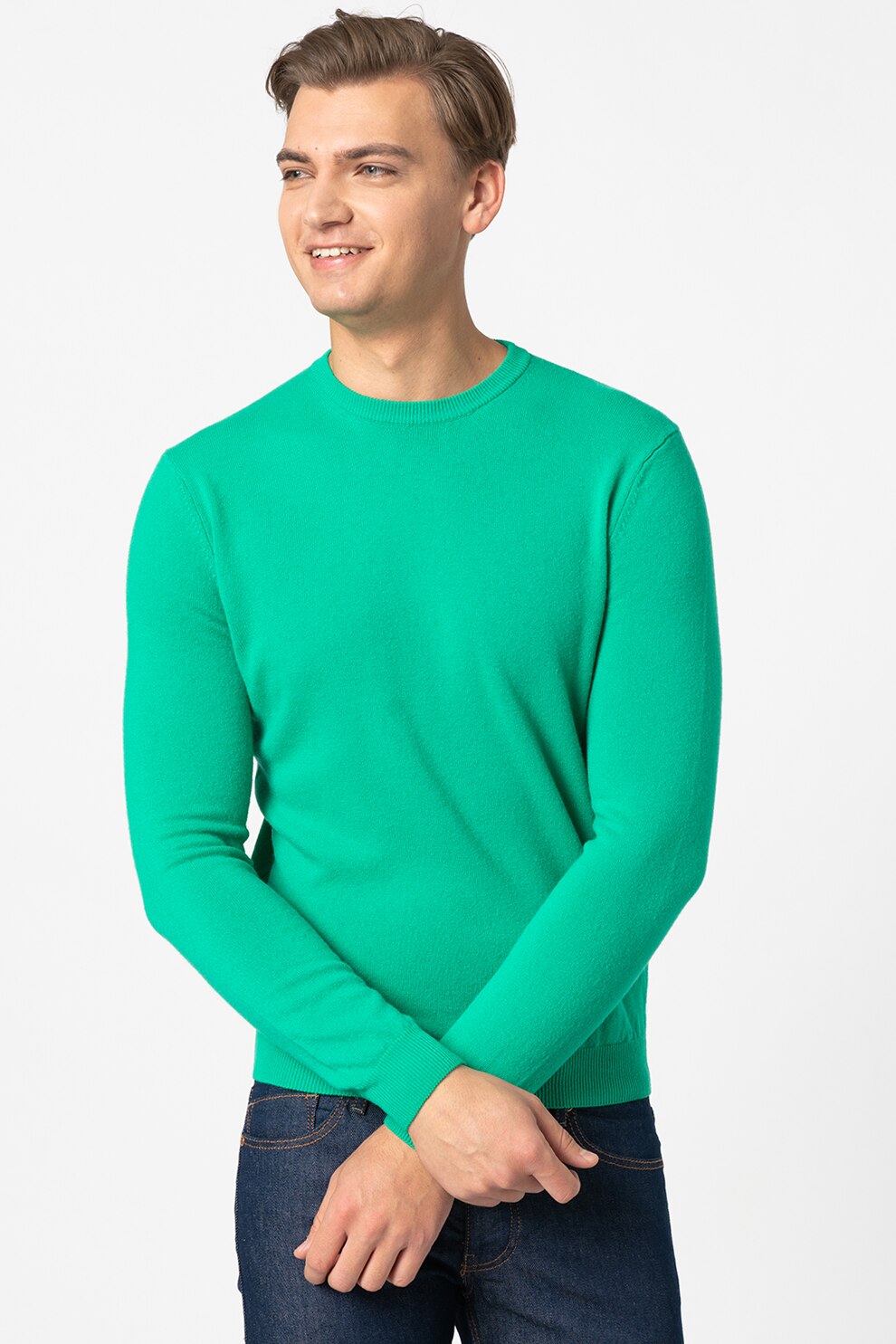 United Colors of Benetton, Pulover din lana virgina cu decolteu la baza gatului, Verde marin