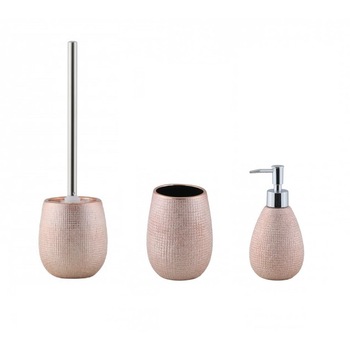 Set 3 accesorii pentru baie Axentia Hollywood, perie toaleta, pahar, dispenser, ceramica, Rose-Gold Set 3 accesorii pentru baie Axentia Hollywood, perie toaleta, pahar, dispenser, ceramica, Rose-Gold