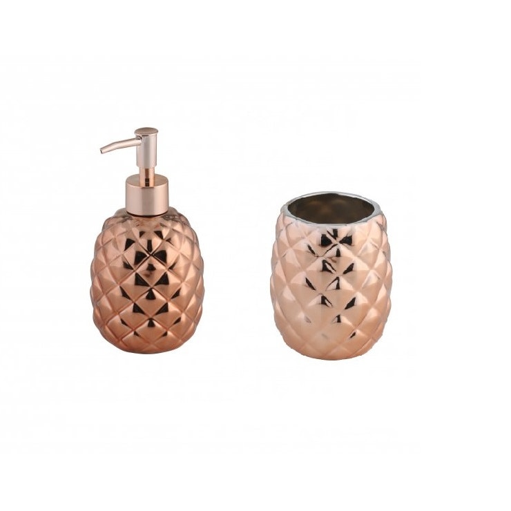 Set 2 accesorii pentru baie Axentia Copper din dolomita, dispenser, pahar Gold