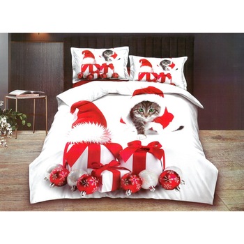 Lenjerie de pat dublu 6 piese din bumbac finet tematica de Craciun Pisici si globuri Lenjerie de pat dublu 6 piese din bumbac finet tematica de Craciun Pisici si globuri