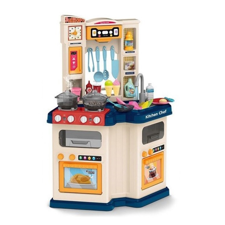 Set de joaca bucatarie Little Chef cu chiuveta functionala si aburi 67 piese, albastra