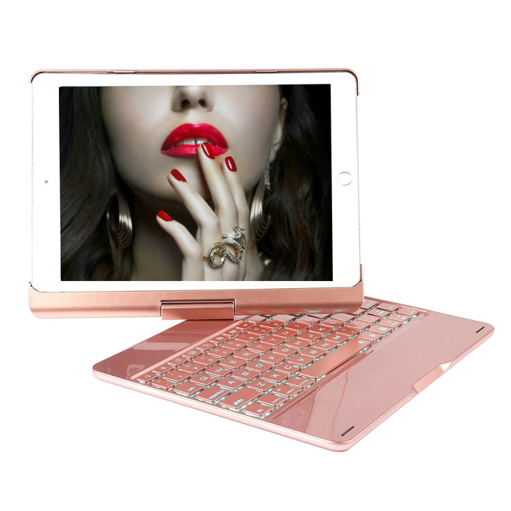 Husa Tableta cu Tastatura Apple Ipad 5th Generation 9.7" Smartbook Keypad ofera protectie Luxury Rotire 360 Rose