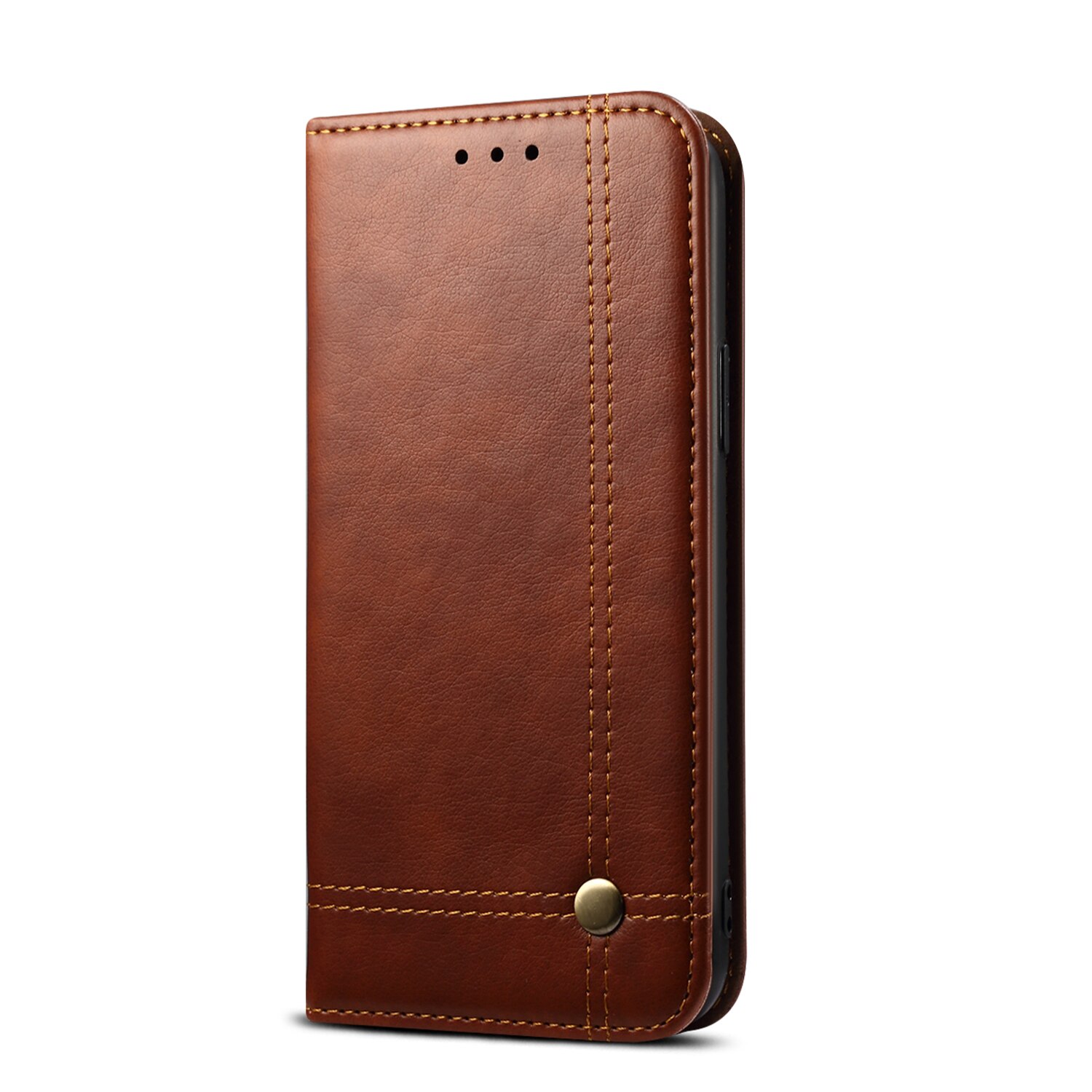 Husa iPhone 12 Pro Max, CaseMe, piele, tip portofel, cusaturi ornamentale, stand, inchidere magnetica, Maro coffee