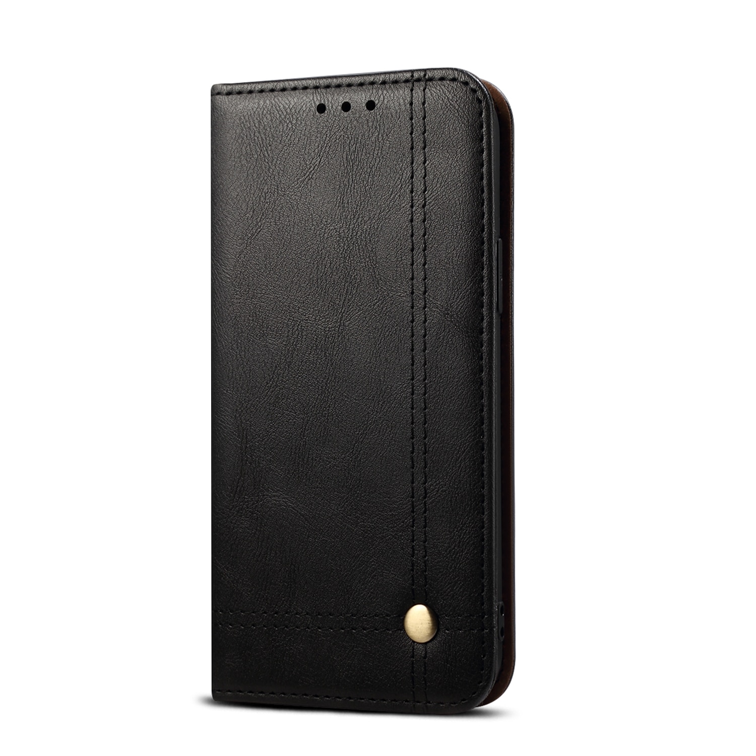 Husa iPhone 12 Pro Max, CaseMe, piele, tip portofel, cusaturi ornamentale, stand, inchidere magnetica, Negru