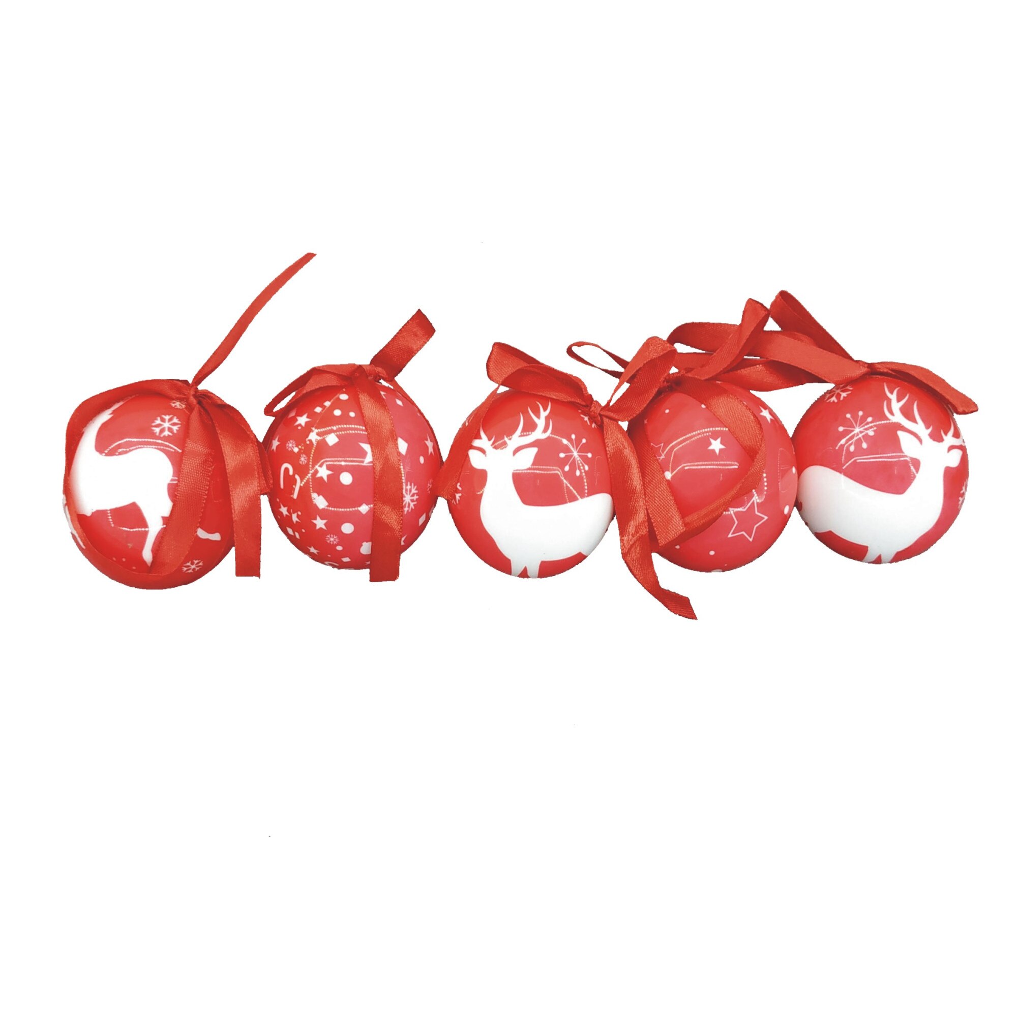 Set 5 globuri Craciun, ClauM, alb cu rosu, abs lucios, 11-1/12
