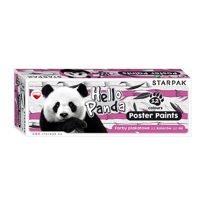 Set 12 acuarele guase pentru copii, rezistente la expunere solara, 20 ml, Panda