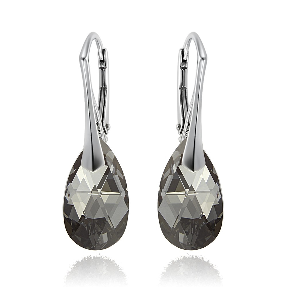 Cercei Argint 925 placat cu rodiu cu cristale Swarovski® Pear Silver Night 16 mm Leverback