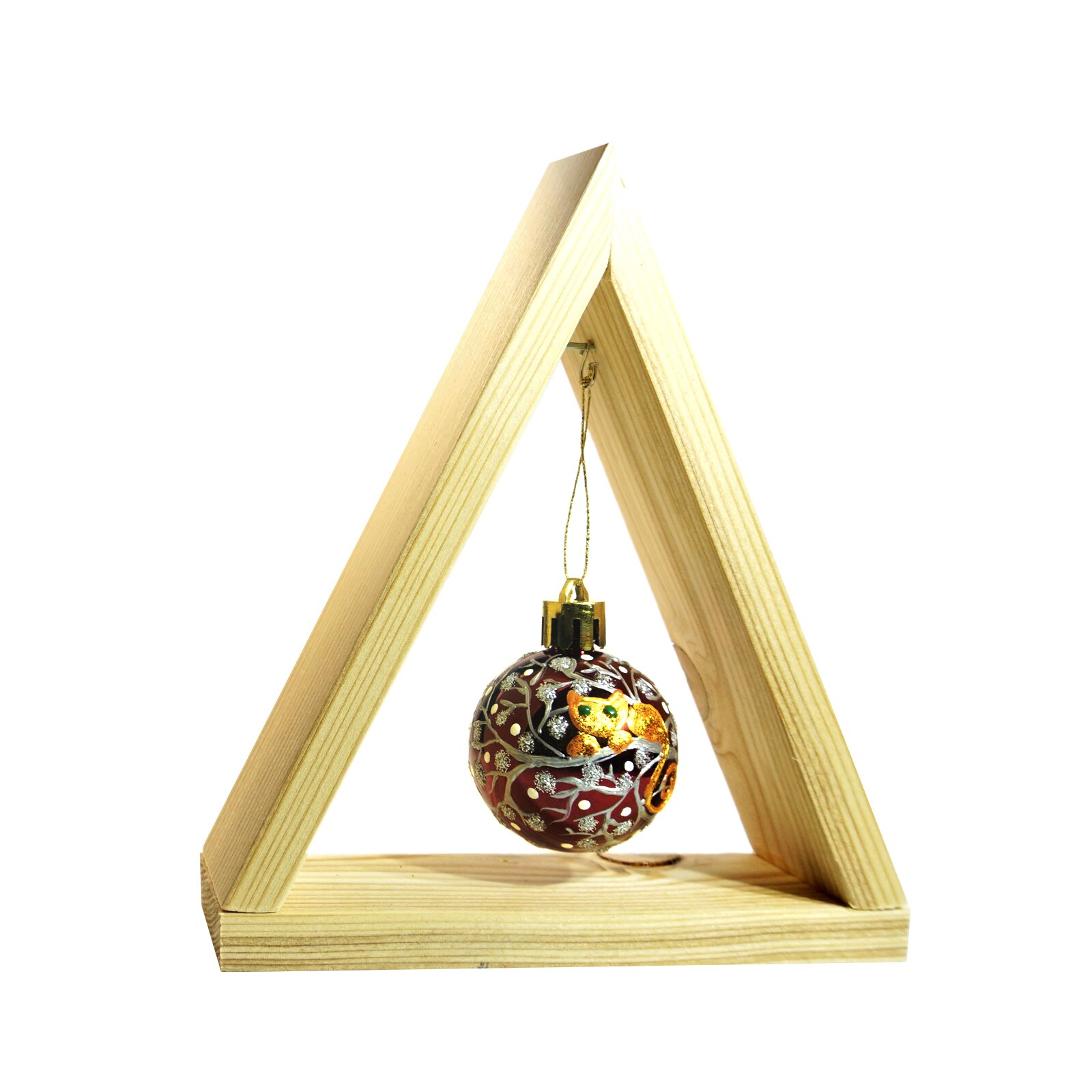 Glob de craciun mic, pictat manual, in suport tip brad, Regalo - Pisica in copac, 13 cm