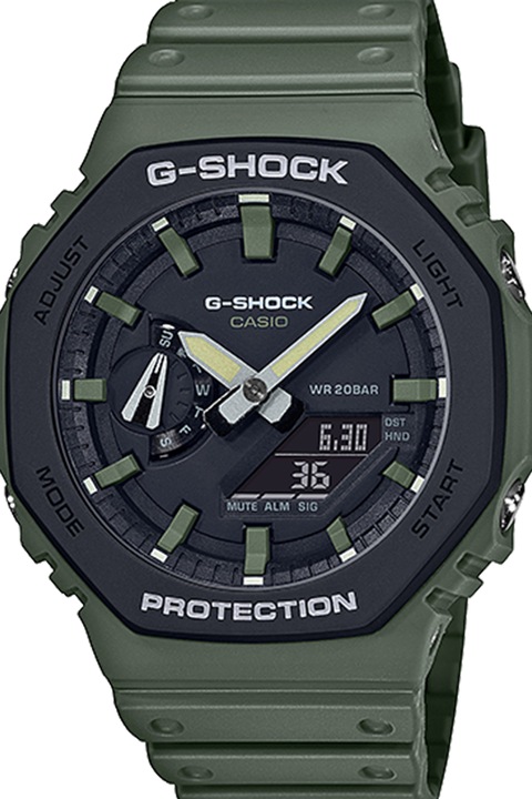 Casio, Ceas cronograf cu functii multiple si lumina de fundal G-Shock, Verde militar/Negru