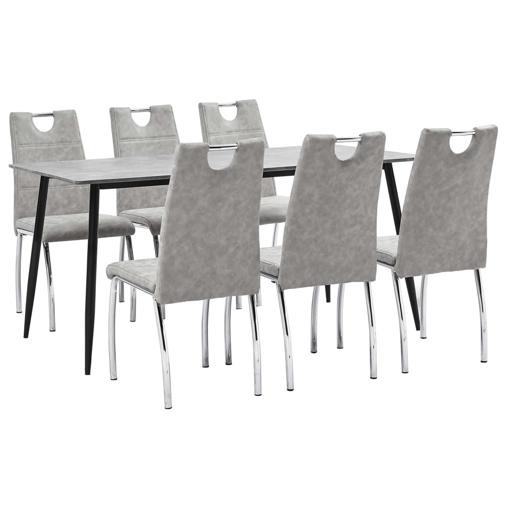 Set mobilier de bucatarie cu 1 masa si 6 scaune cu maner tapitate cu piele ecologica, vidaXL, Piele artificiala, 45 x 60 x 94cm, Gri deschis