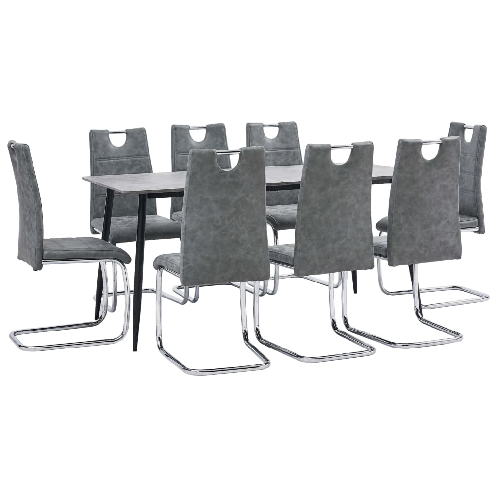 Set de masa de bucatarie cu 8 scaune cu maner tapitate, vidaXL, Piele artificiala, 160 x 80 x 75cm, Gri