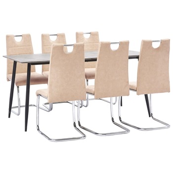 Set de masa de bucatarie cu 6 scaune cu maner tapitate, vidaXL, Piele artificiala, 160 x 80 x 75 cm, Crem Set de masa de bucatarie cu 6 scaune cu maner tapitate, vidaXL, Piele artificiala, 160 x 80 x 75 cm, Crem