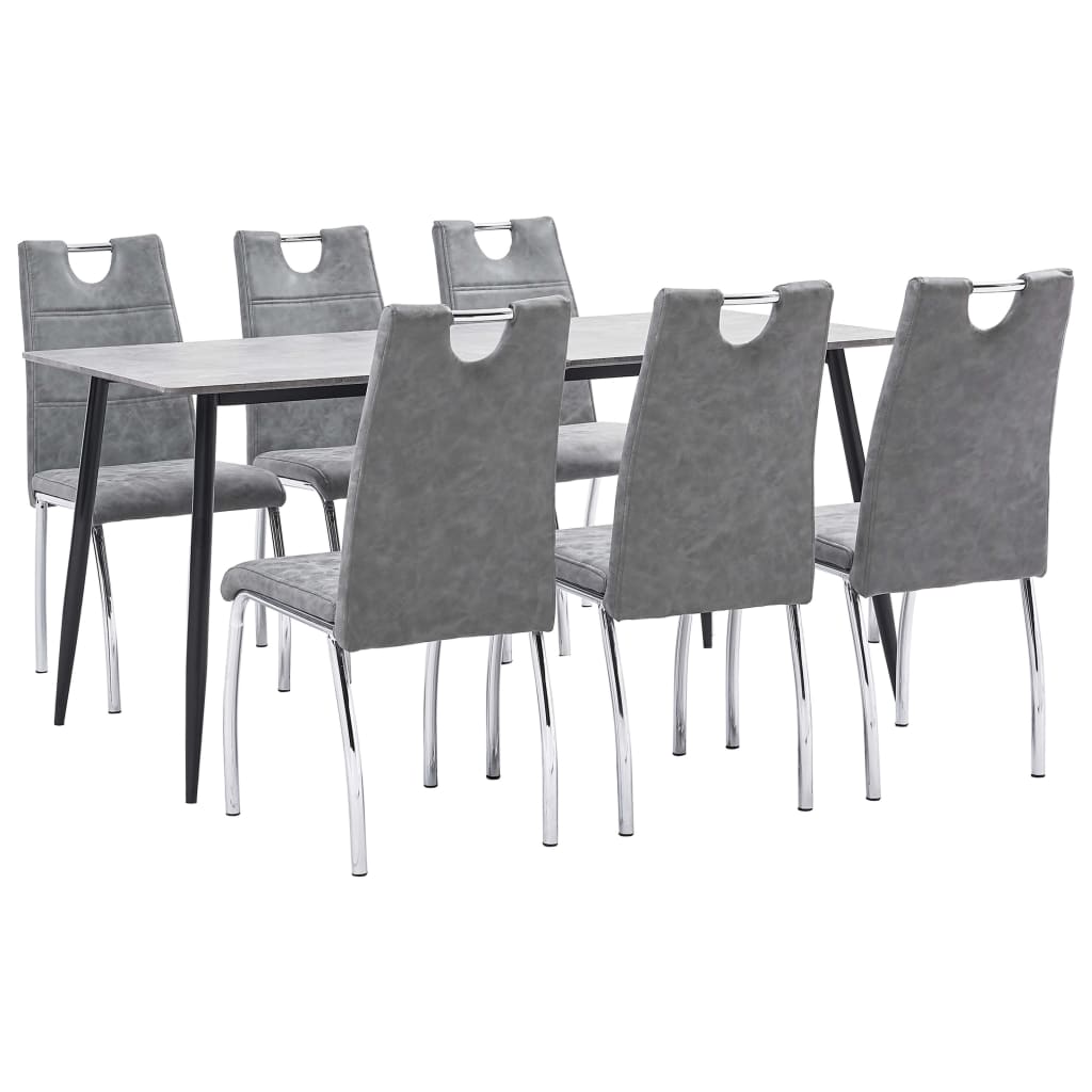 Set mobilier de bucatarie cu 1 masa si 6 scaune cu maner tapitate cu piele ecologica, vidaXL, Piele artificiala, 45 x 60 x 94 cm, Gri