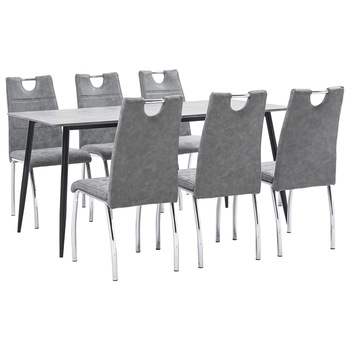 Set mobilier de bucatarie cu 1 masa si 6 scaune cu maner tapitate cu piele ecologica, vidaXL, Piele artificiala, 45 x 60 x 94 cm, Gri