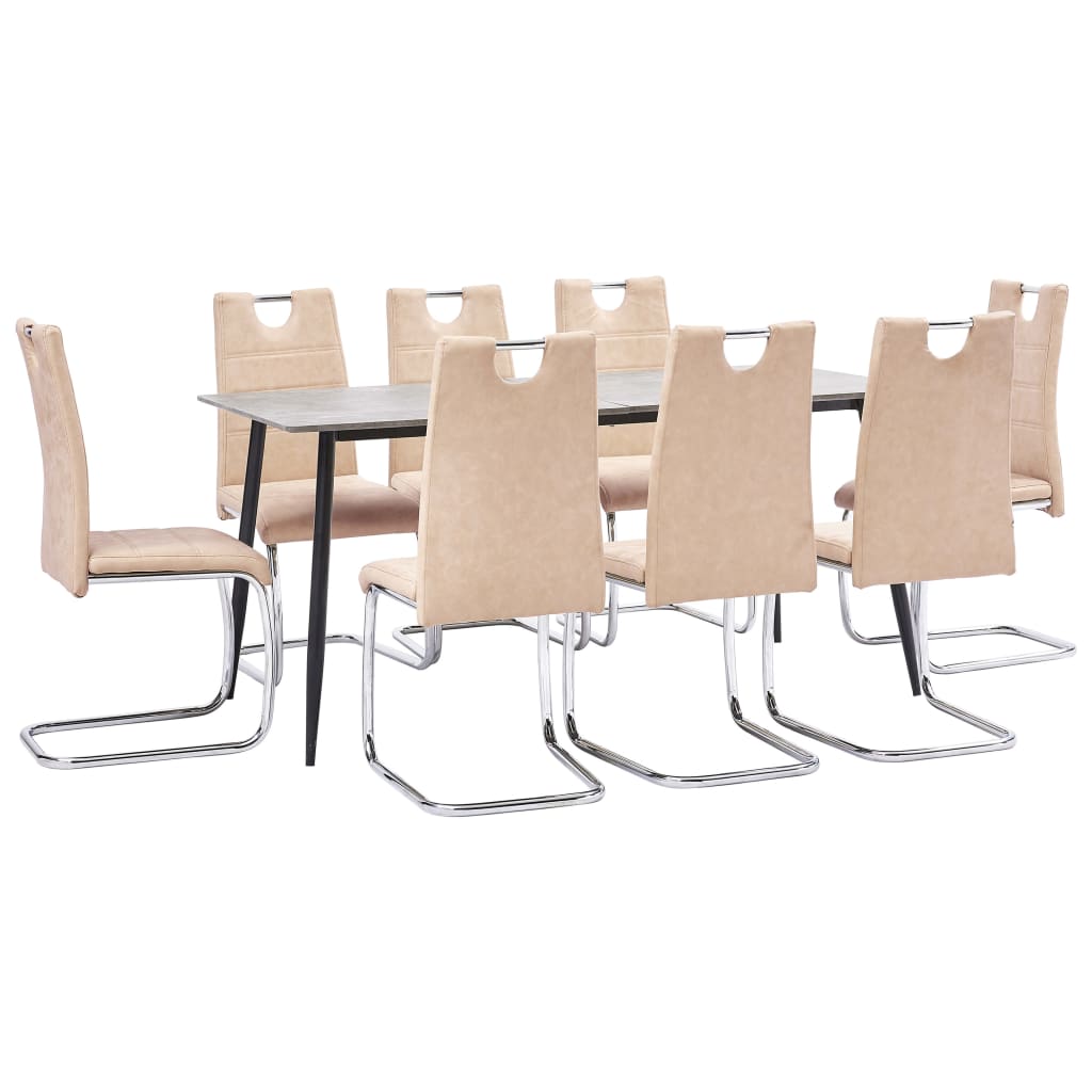 Set de masa de bucatarie cu 8 scaune cu maner tapitate, vidaXL, Piele artificiala, 160 x 80 x 75 cm, Crem