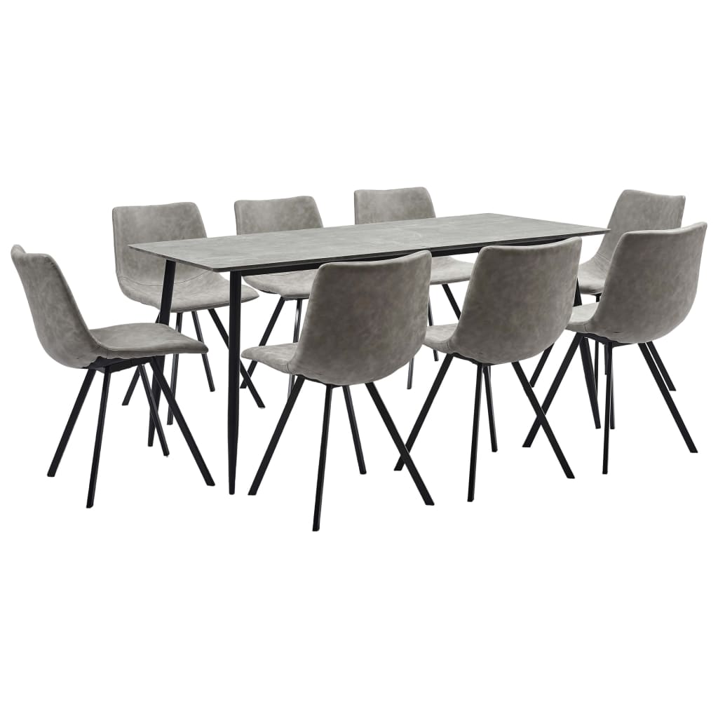 Set mobilier de bucatarie cu 1 masa si 8 scaune tapitate cu piele ecologica, vidaXL, Piele artificiala, 160 x 80 x 75 cm, Gri deschis